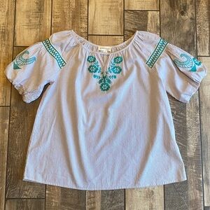 Coverstitched Gray Blouse with Teal Embroidery